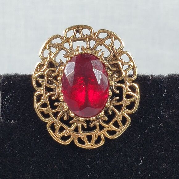 Vintage 1970's Sarah Coventry Gold Tone Brooch W/Oval Red Rhinestone Marked SC - Picture 7 of 14